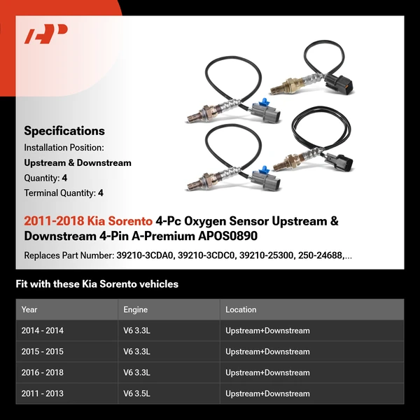 2011-2018 Kia Sorento 4-Pc Oxygen Sensor Upstream & Downstream 4-Pin A-Premium APOS0890