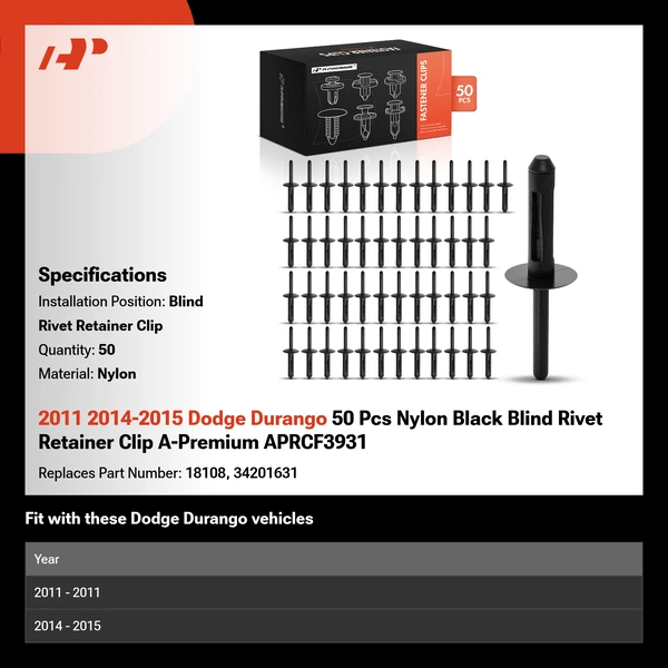 2011 2014-2015 Dodge Durango 50 Pcs Nylon Black Blind Rivet Retainer Clip A-Premium APRCF3931