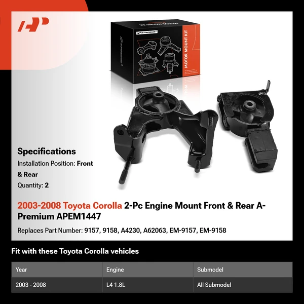 2003-2008 Toyota Corolla 2-Pc Engine Mount Front & Rear A-Premium APEM1447