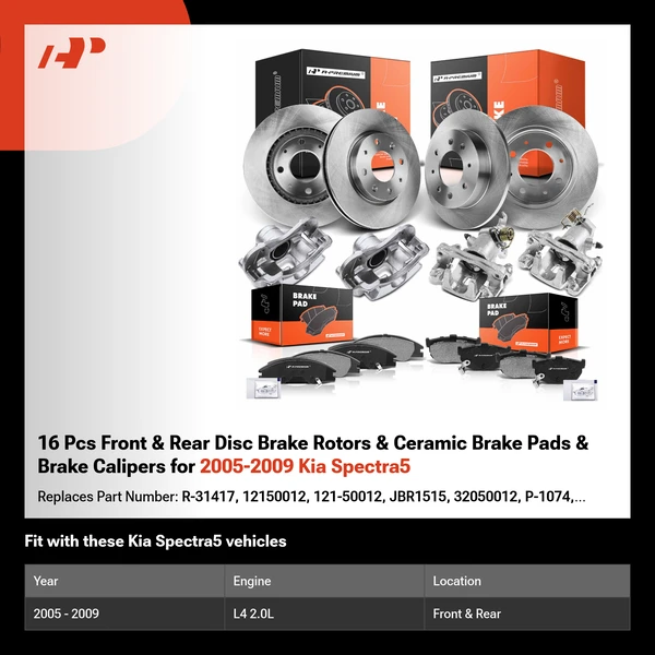 16 Pcs Front & Rear Disc Brake Rotors & Ceramic Brake Pads & Brake Calipers for 2005-2009 Kia Spectra5