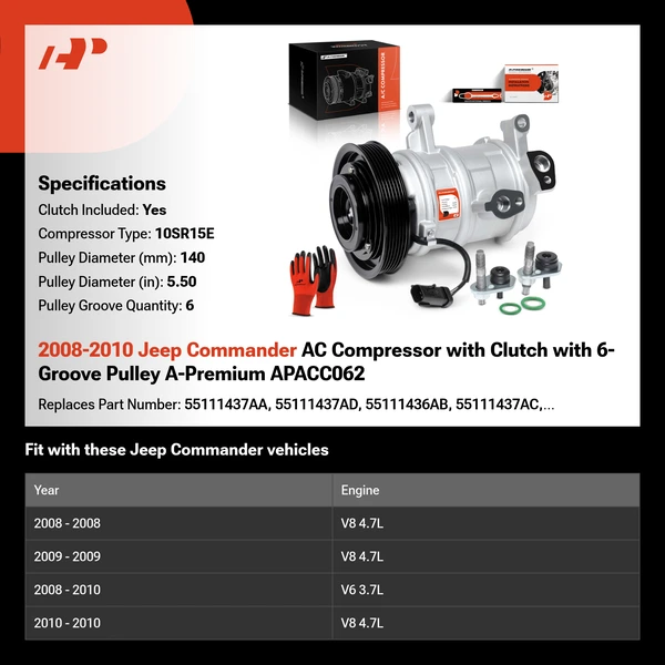 2008-2010 Jeep Commander AC Compressor with Clutch with 6-Groove Pulley A-Premium APACC062