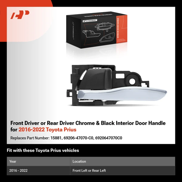 Front Driver or Rear Driver Chrome & Black Interior Door Handle for 2016-2022 Toyota Prius