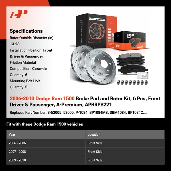 2006-2010 Dodge Ram 1500 Brake Pad and Rotor Kit, 6 Pcs, Front Driver & Passenger, A-Premium, APBRPS221