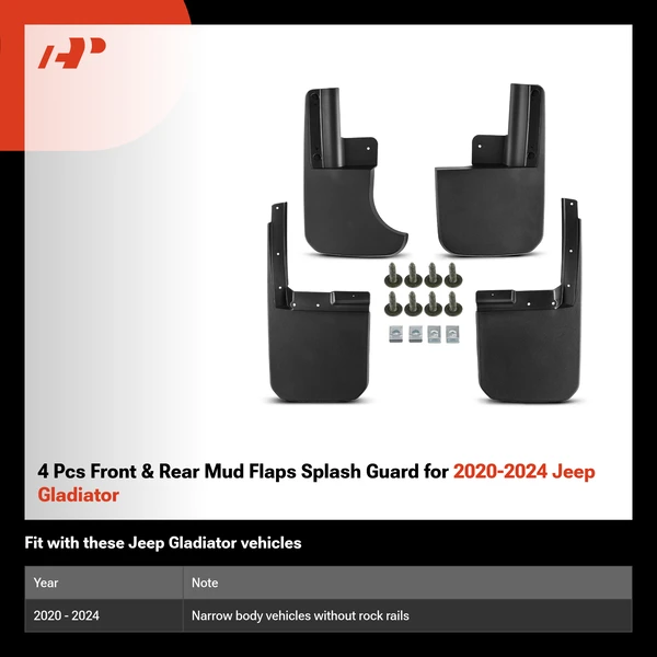 4 Pcs Front & Rear Mud Flaps Splash Guard for 2020-2024 Jeep Gladiator