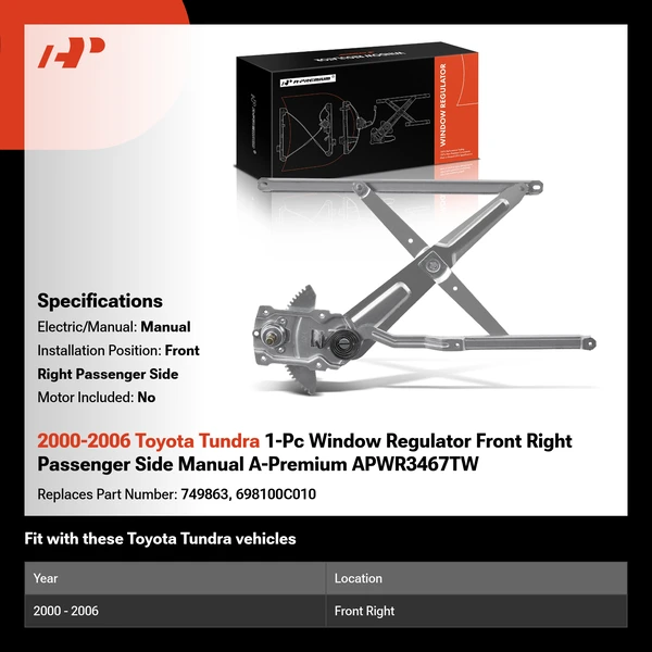 2000-2006 Toyota Tundra 1-Pc Window Regulator Front Right Passenger Side Manual A-Premium APWR3467TW