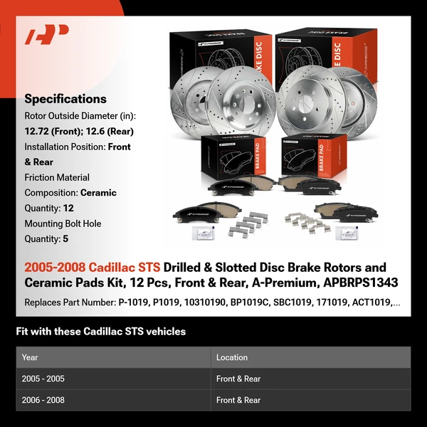2005-2008 Cadillac STS Drilled & Slotted Disc Brake Rotors and Ceramic Pads Kit, 12 Pcs, Front & Rear, A-Premium, APBRPS1343