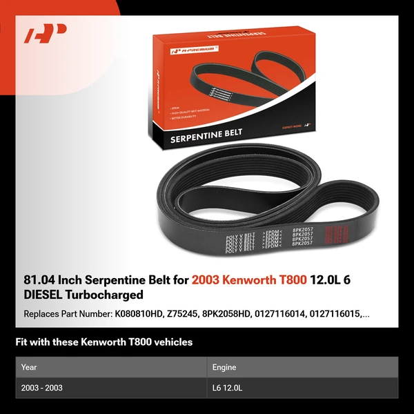 81.04 Inch Serpentine Belt for 2003 Kenworth T800 12.0L 6 DIESEL Turbocharged