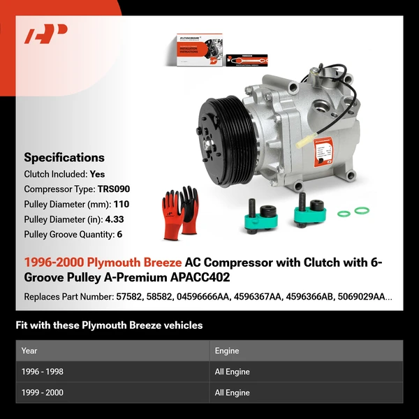 1996-2000 Plymouth Breeze AC Compressor with Clutch with 6-Groove Pulley A-Premium APACC402