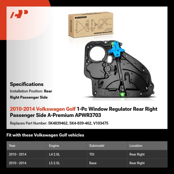 2010-2014 Volkswagen Golf 1-Pc Window Regulator Rear Right Passenger Side A-Premium APWR3703