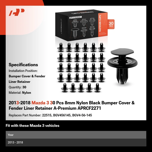2013-2018 Mazda 3 30 Pcs 8mm Nylon Black Bumper Cover & Fender Liner Retainer A-Premium APRCF2271