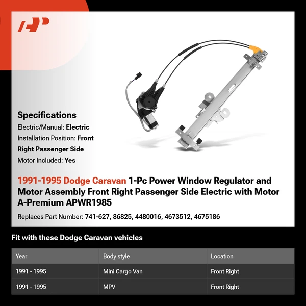1991-1995 Dodge Caravan 1-Pc Power Window Regulator and Motor Assembly Front Right Passenger Side Electric with Motor A-Premium APWR1985