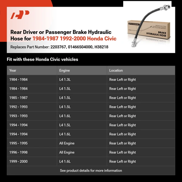 Rear Driver or Passenger Brake Hydraulic Hose for 1984-1987 1992-2000 Honda Civic