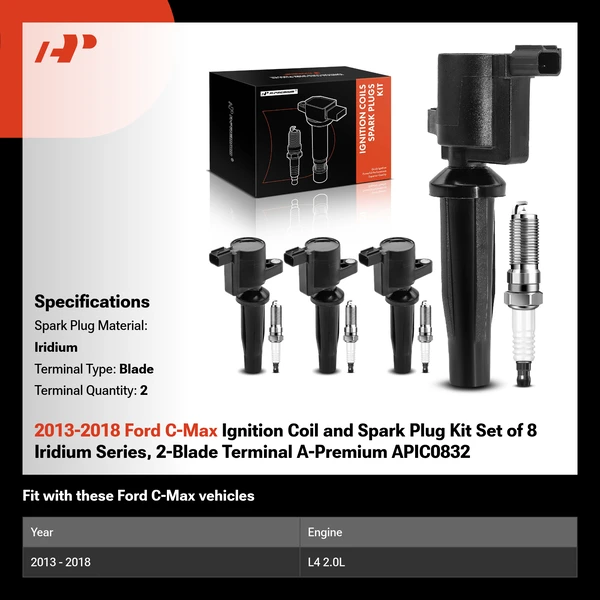 2013-2018 Ford C-Max Ignition Coil and Spark Plug Kit Set of 8 Iridium Series, 2-Blade Terminal A-Premium APIC0832