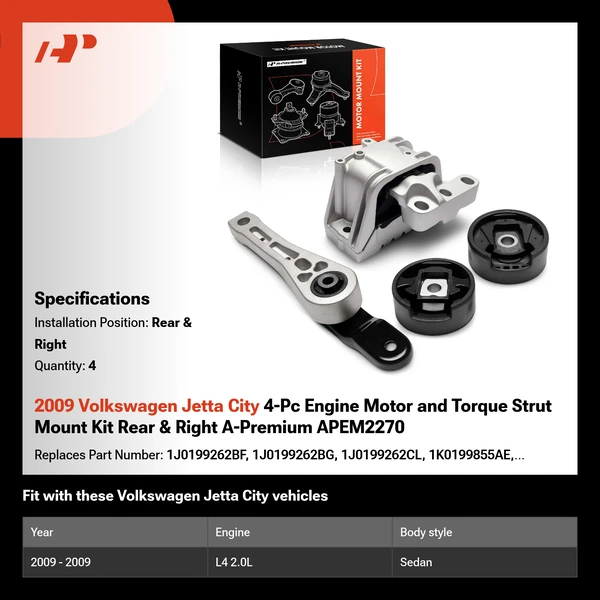 2009 Volkswagen Jetta City 4-Pc Engine Motor and Torque Strut Mount Kit Rear & Right A-Premium APEM2270