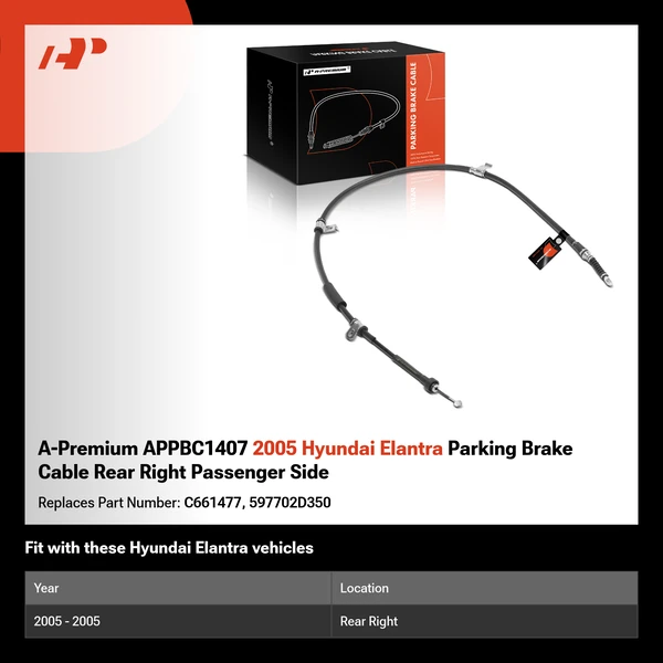 A-Premium APPBC1407 2005 Hyundai Elantra Parking Brake Cable Rear Right Passenger Side