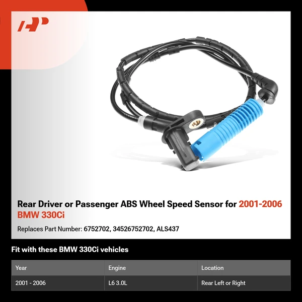 Rear Driver or Passenger ABS Wheel Speed Sensor for 2001-2006 BMW 330Ci