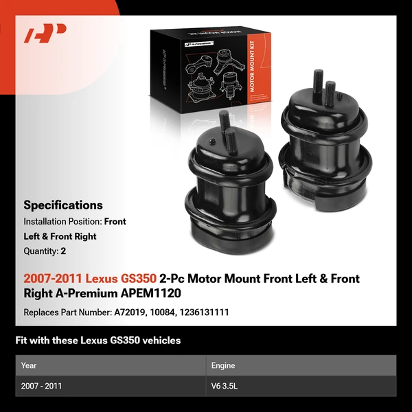 2007-2011 Lexus GS350 2-Pc Motor Mount Front Left & Front Right A-Premium APEM1120
