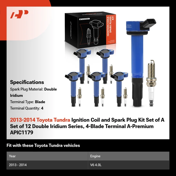 2013-2014 Toyota Tundra Ignition Coil and Spark Plug Kit Set of A Set of 12 Double Iridium Series, 4-Blade Terminal A-Premium APIC1179