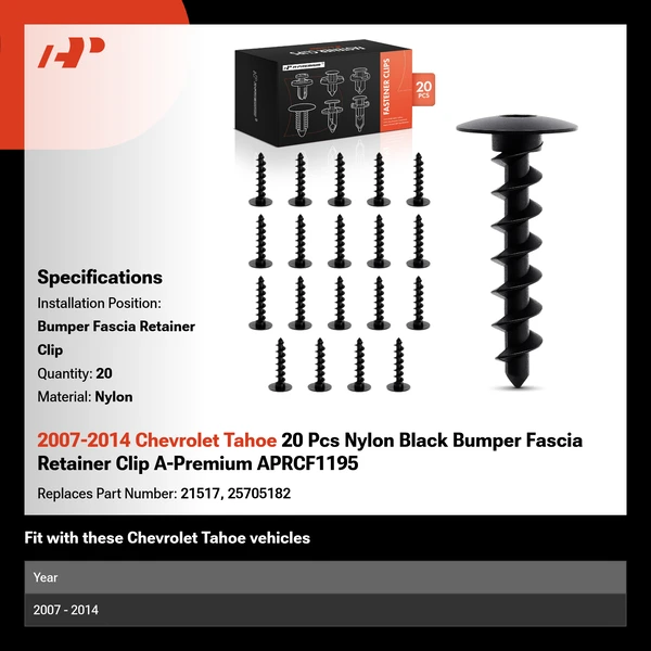 2007-2014 Chevrolet Tahoe 20 Pcs Nylon Black Bumper Fascia Retainer Clip A-Premium APRCF1195