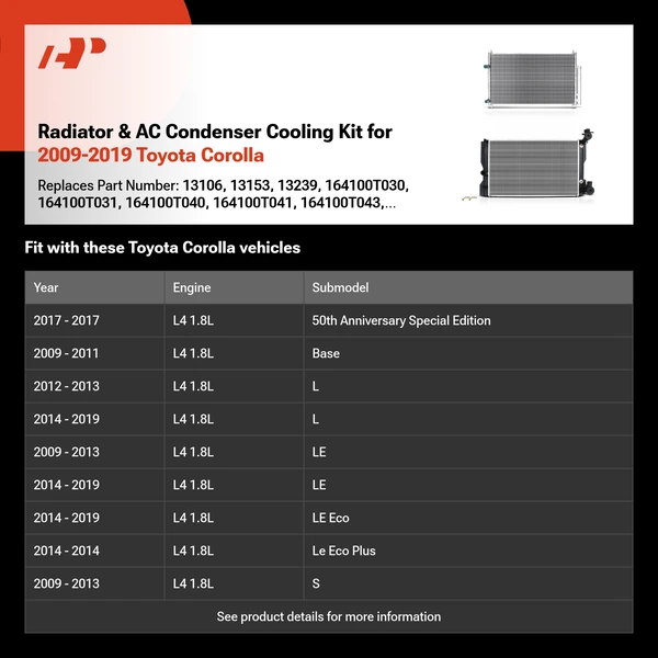 Radiator & AC Condenser Cooling Kit for 2009-2019 Toyota Corolla
