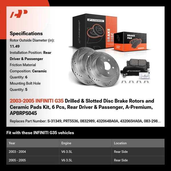 2003-2005 INFINITI G35 Drilled & Slotted Disc Brake Rotors and Ceramic Pads Kit, 6 Pcs, Rear Driver & Passenger, A-Premium, APBRPS045