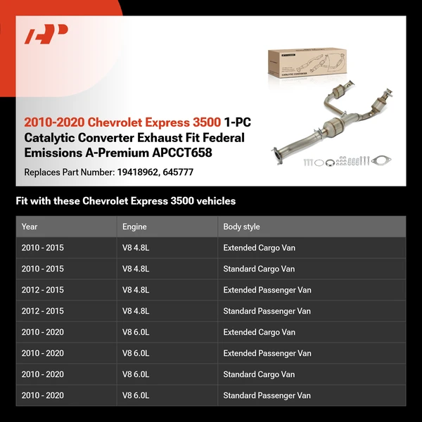 2010-2020 Chevrolet Express 3500 1-PC Catalytic Converter Exhaust Fit Federal Emissions A-Premium APCCT658