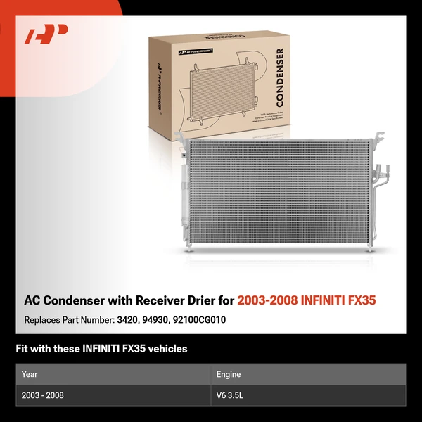 AC Condenser with Receiver Drier for 2003-2008 INFINITI FX35