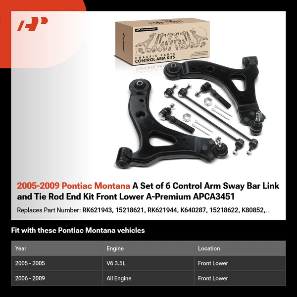 2005-2009 Pontiac Montana A Set of 6 Control Arm Sway Bar Link and Tie Rod End Kit Front Lower A-Premium APCA3451