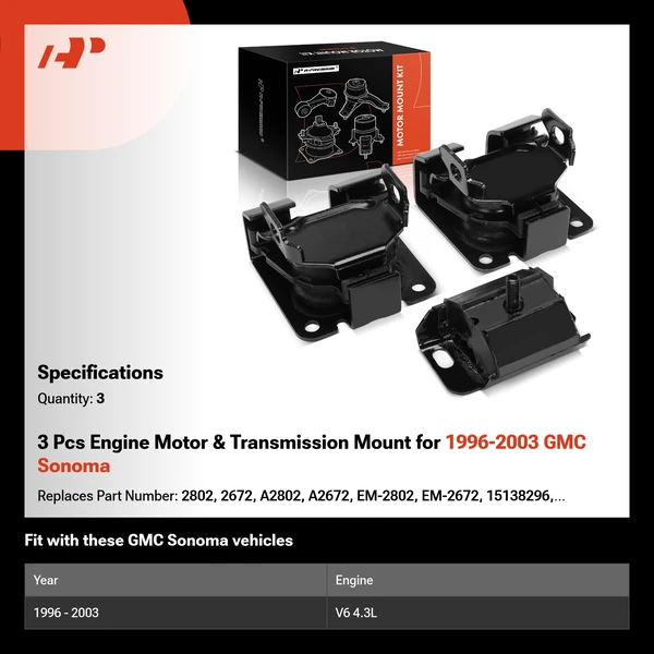 3 Pcs Engine Motor & Transmission Mount for 1996-2003 GMC Sonoma