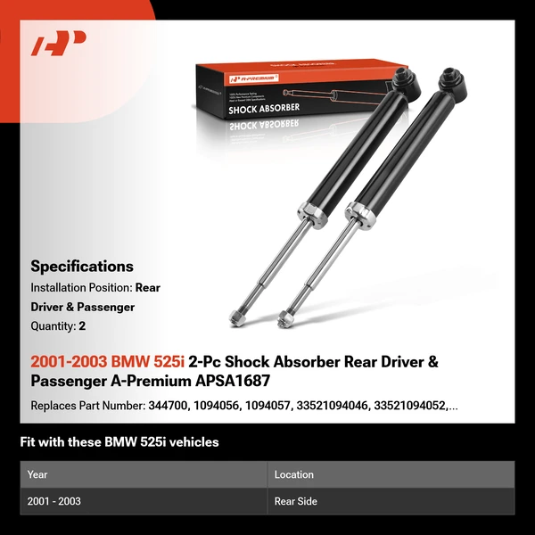 2001-2003 BMW 525i 2-Pc Shock Absorber Rear Driver & Passenger A-Premium APSA1687