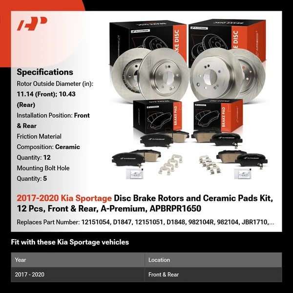 2017-2020 Kia Sportage Disc Brake Rotors and Ceramic Pads Kit, 12 Pcs, Front & Rear, A-Premium, APBRPR1650