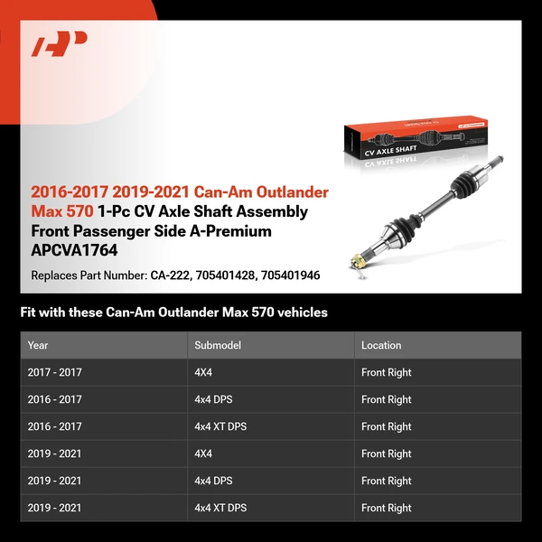 2016-2017 2019-2021 Can-Am Outlander Max 570 1-Pc CV Axle Shaft Assembly Front Passenger Side A-Premium APCVA1764