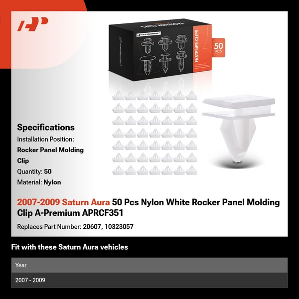 2007-2009 Saturn Aura 50 Pcs Nylon White Rocker Panel Molding Clip A-Premium APRCF351