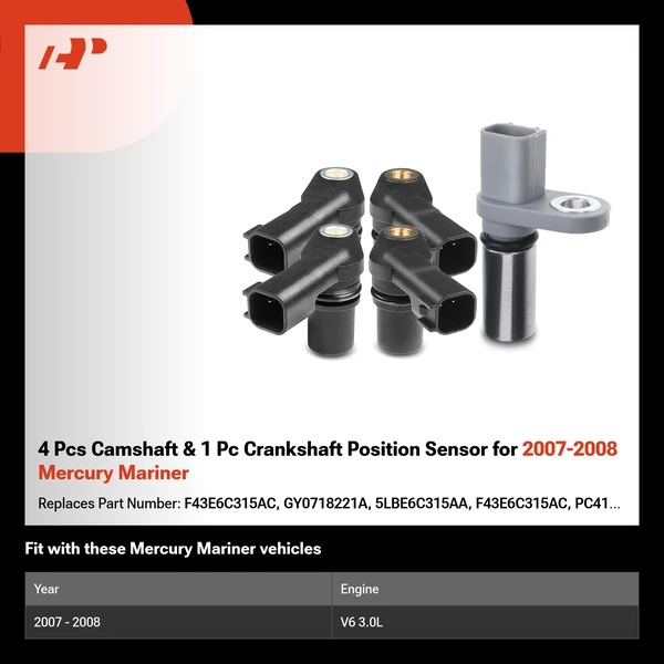 4 Pcs Camshaft & 1 Pc Crankshaft Position Sensor for 2007-2008 Mercury Mariner