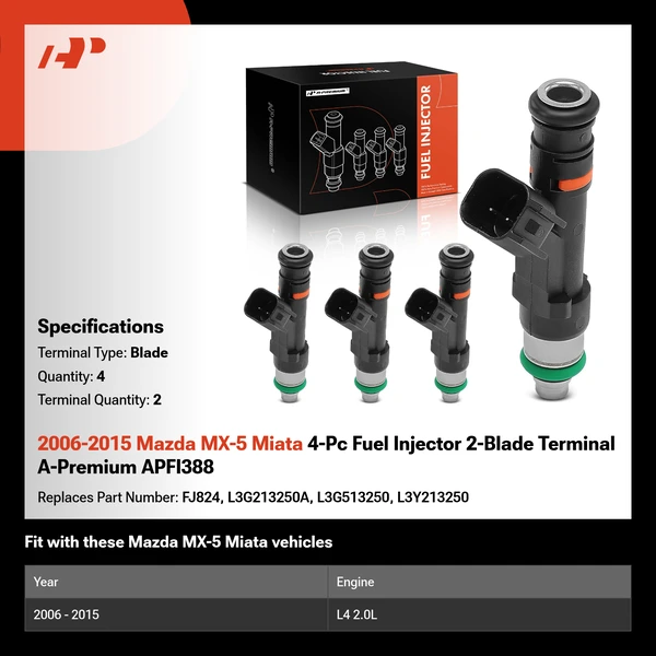 2006-2015 Mazda MX-5 Miata 4-Pc Fuel Injector 2-Blade Terminal A-Premium APFI388