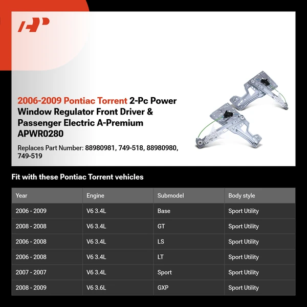 2006-2009 Pontiac Torrent 2-Pc Power Window Regulator Front Driver & Passenger Electric A-Premium APWR0280