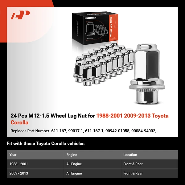 24 Pcs M12-1.5 Wheel Lug Nut for 1988-2001 2009-2013 Toyota Corolla