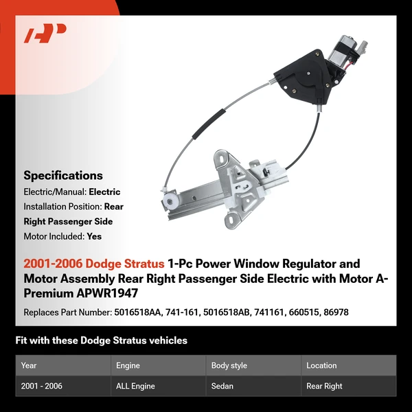 2001-2006 Dodge Stratus 1-Pc Power Window Regulator and Motor Assembly Rear Right Passenger Side Electric with Motor A-Premium APWR1947