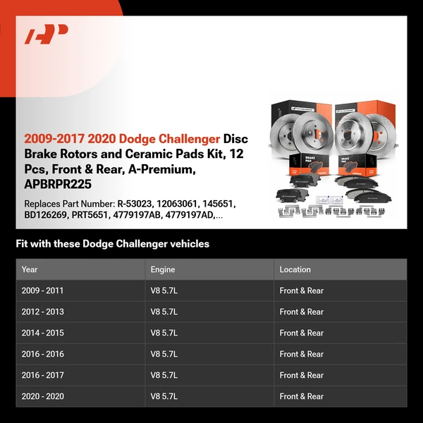 2009-2017 2020 Dodge Challenger Disc Brake Rotors and Ceramic Pads Kit, 12 Pcs, Front & Rear, A-Premium, APBRPR225