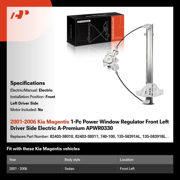 2001-2006 Kia Magentis 1-Pc Power Window Regulator Front Left Driver Side Electric A-Premium APWR0330