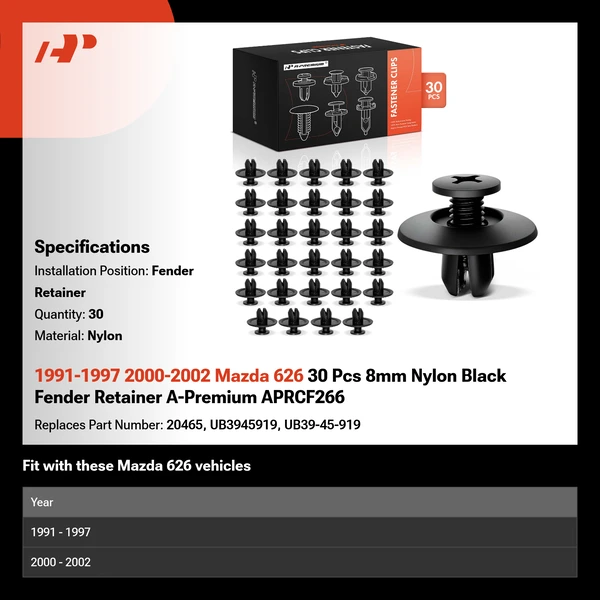 1991-1997 2000-2002 Mazda 626 30 Pcs 8mm Nylon Black Fender Retainer A-Premium APRCF266