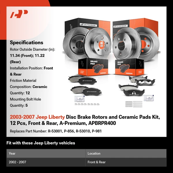 2003-2007 Jeep Liberty Disc Brake Rotors and Ceramic Pads Kit, 12 Pcs, Front & Rear, A-Premium, APBRPR400