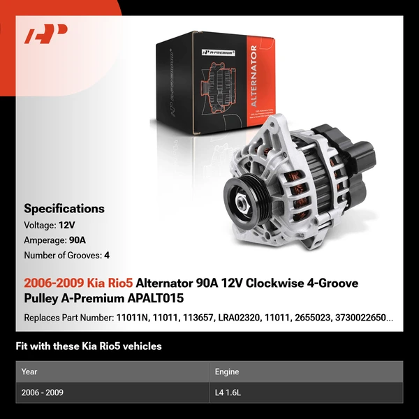 2006-2009 Kia Rio5 Alternator 90A 12V Clockwise 4-Groove Pulley A-Premium APALT015