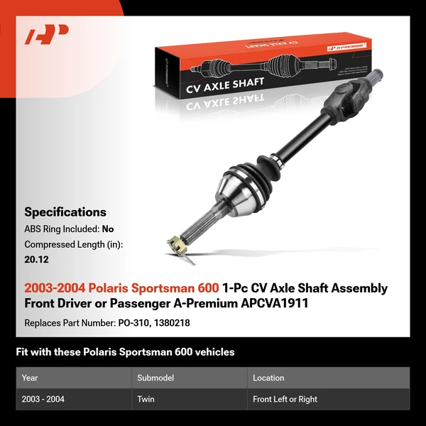 2003-2004 Polaris Sportsman 600 1-Pc CV Axle Shaft Assembly Front Driver or Passenger A-Premium APCVA1911