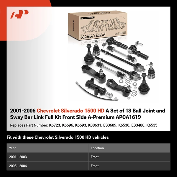 2001-2006 Chevrolet Silverado 1500 HD A Set of 13 Ball Joint and Sway Bar Link Full Kit Front Side A-Premium APCA1619