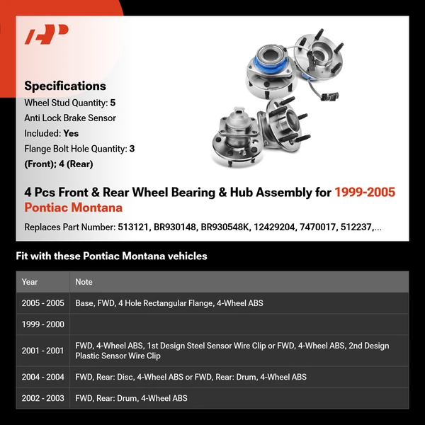 4 Pcs Front & Rear Wheel Bearing & Hub Assembly for 1999-2005 Pontiac Montana