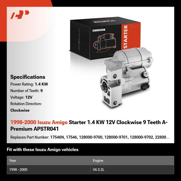1998-2000 Isuzu Amigo Starter 1.4 KW 12V Clockwise 9 Teeth A-Premium APSTR041