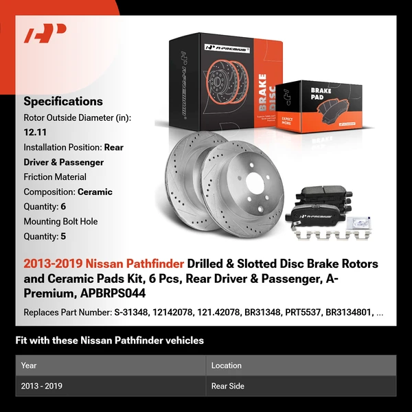 2013-2019 Nissan Pathfinder Drilled & Slotted Disc Brake Rotors and Ceramic Pads Kit, 6 Pcs, Rear Driver & Passenger, A-Premium, APBRPS044