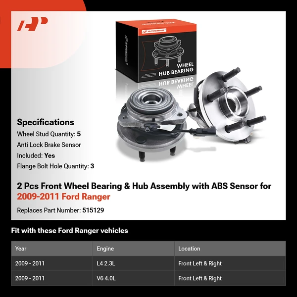 2 Pcs Front Wheel Bearing & Hub Assembly with ABS Sensor for 2009-2011 Ford Ranger