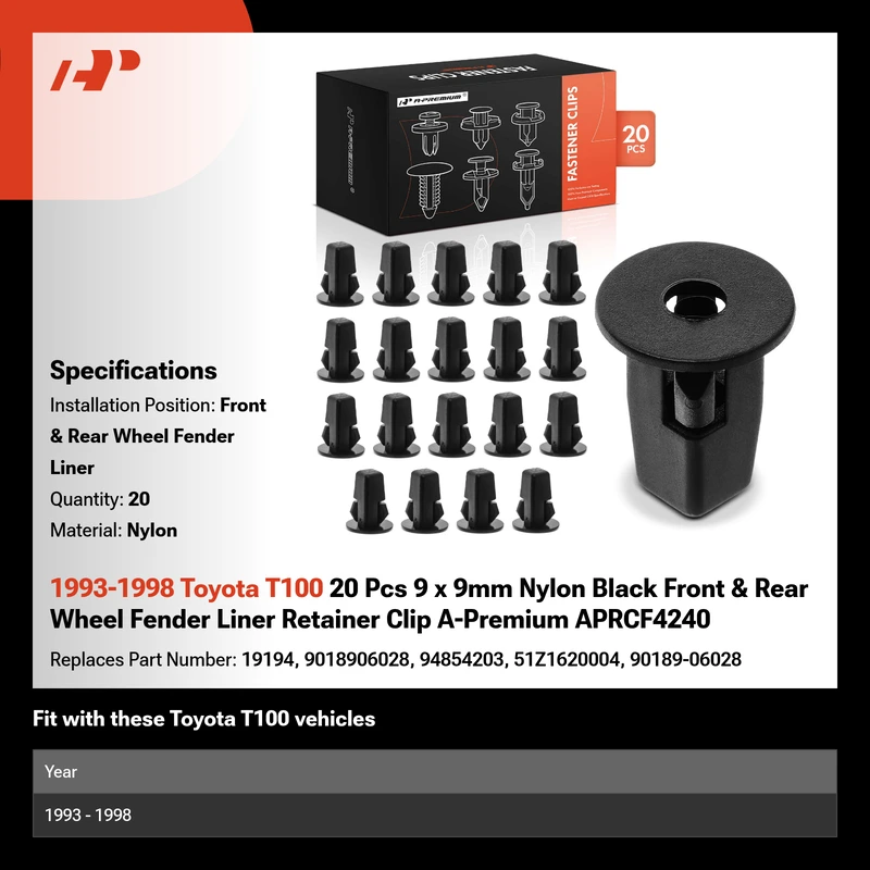 1993-1998 Toyota T100 20 Pcs 9 x 9mm Nylon Black Front & Rear Wheel Fender Liner Retainer Clip A-Premium APRCF4240